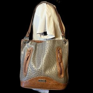 Laura Scott Women's Handbag Taupe/Cognac Ostrich Embossed